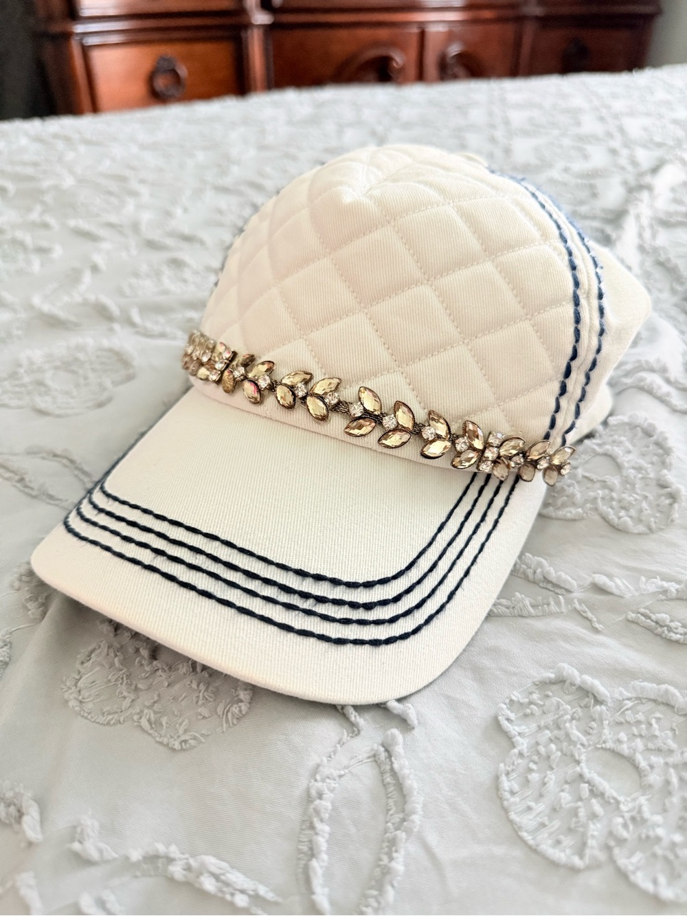 Buckle Cream Quilted Baseball Cap with Crystal Leaf Band